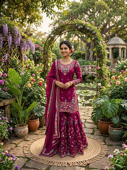 Dazzling Pink Color Sequence Moti Work Sharara Suit