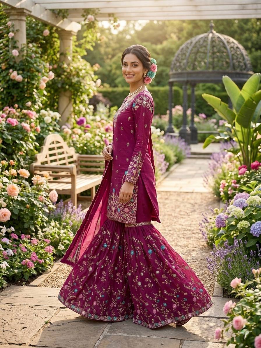 Dazzling Pink Color Sequence Moti Work Sharara Suit