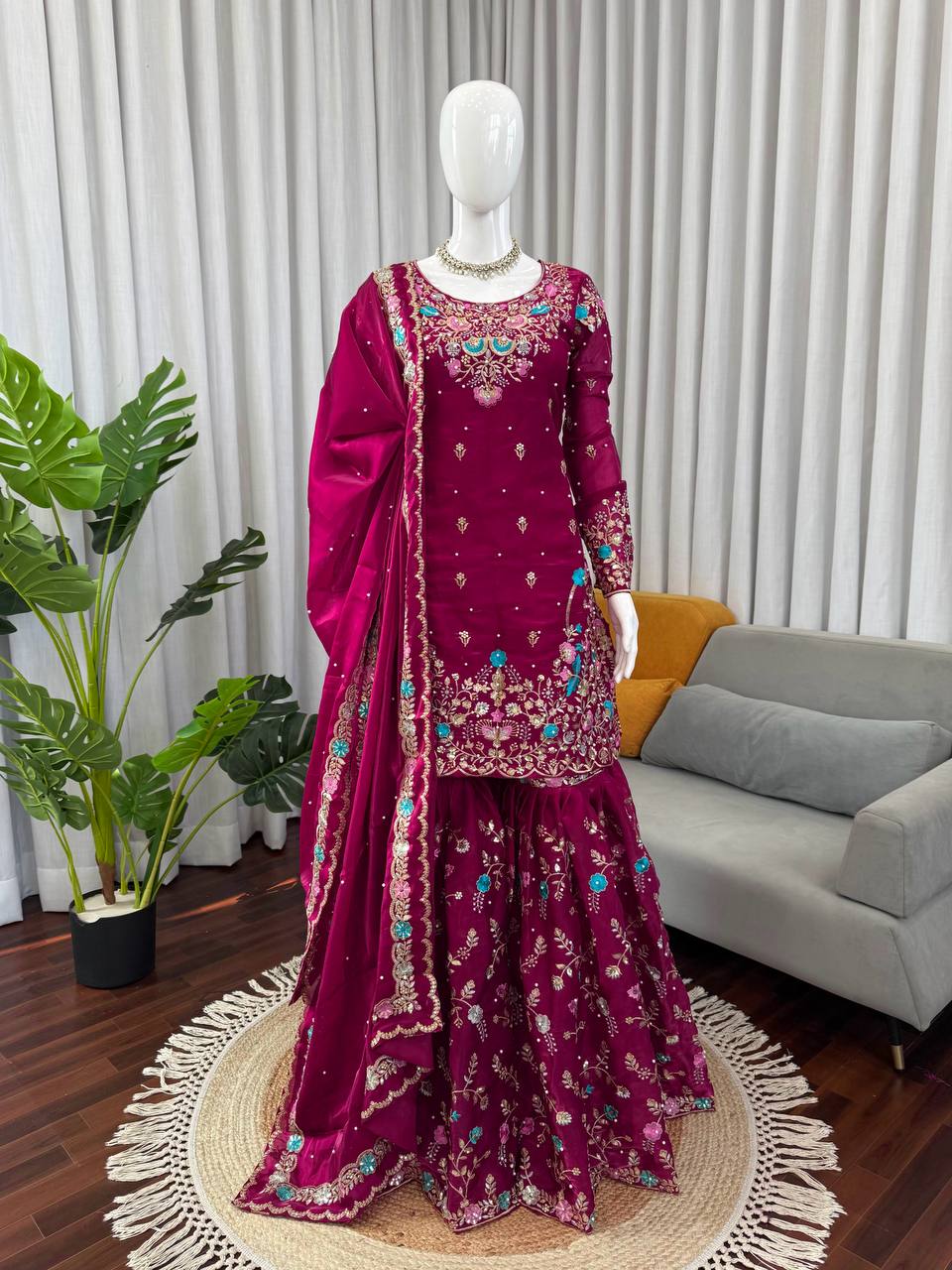 Dazzling Pink Color Sequence Moti Work Sharara Suit