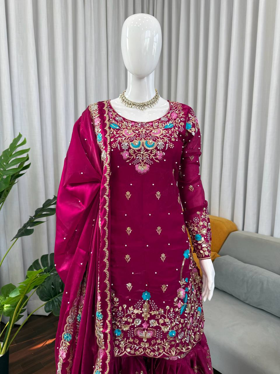 Dazzling Pink Color Sequence Moti Work Sharara Suit