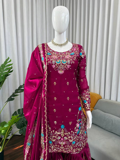 Dazzling Pink Color Sequence Moti Work Sharara Suit