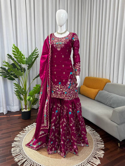 Dazzling Pink Color Sequence Moti Work Sharara Suit