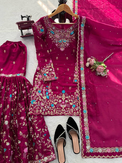 Dazzling Pink Color Sequence Moti Work Sharara Suit