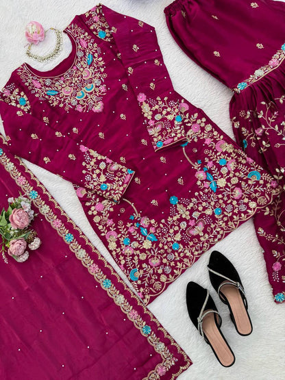 Dazzling Pink Color Sequence Moti Work Sharara Suit