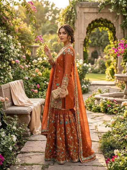 Captivating Orange Color Sequence Moti Work Sharara Suit