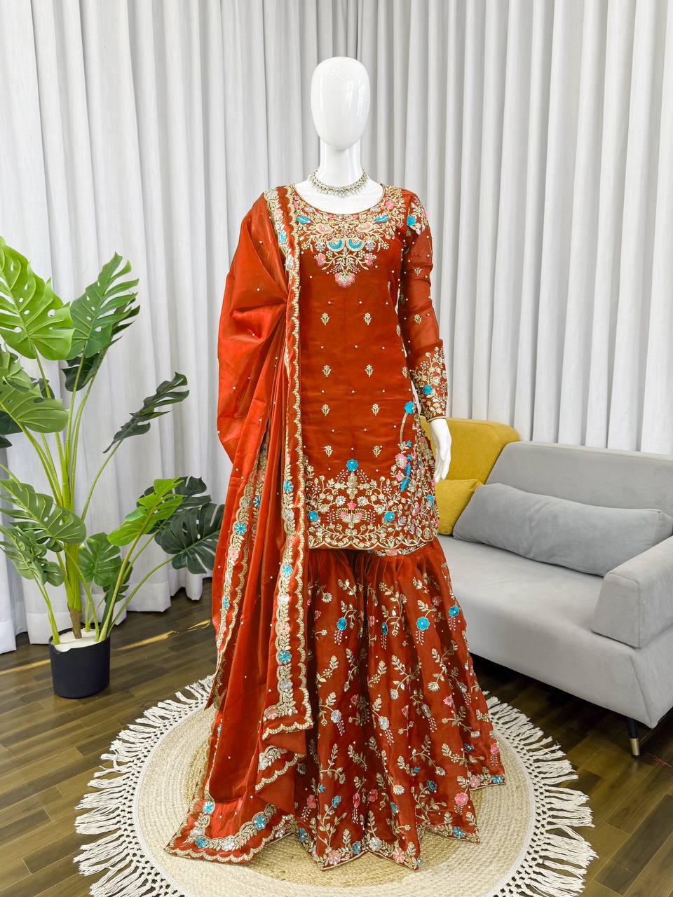Captivating Orange Color Sequence Moti Work Sharara Suit