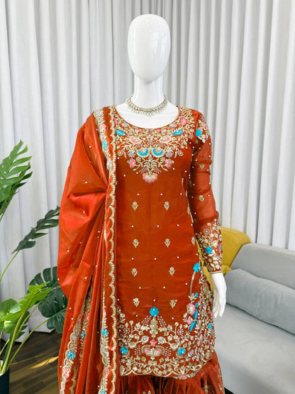 Captivating Orange Color Sequence Moti Work Sharara Suit