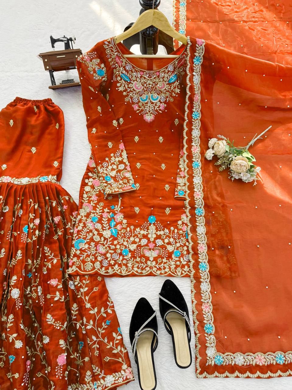 Captivating Orange Color Sequence Moti Work Sharara Suit