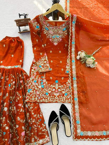 Captivating Orange Color Sequence Moti Work Sharara Suit