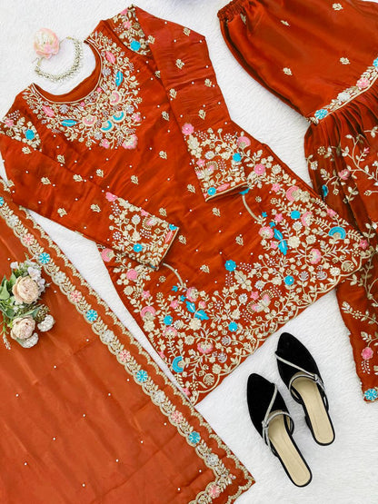 Captivating Orange Color Sequence Moti Work Sharara Suit