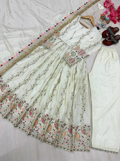Superhit White Color Pure Sheesha Silk Embroidered Work Anarkali Suit