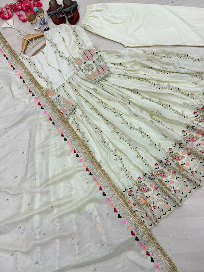 Superhit White Color Pure Sheesha Silk Embroidered Work Anarkali Suit