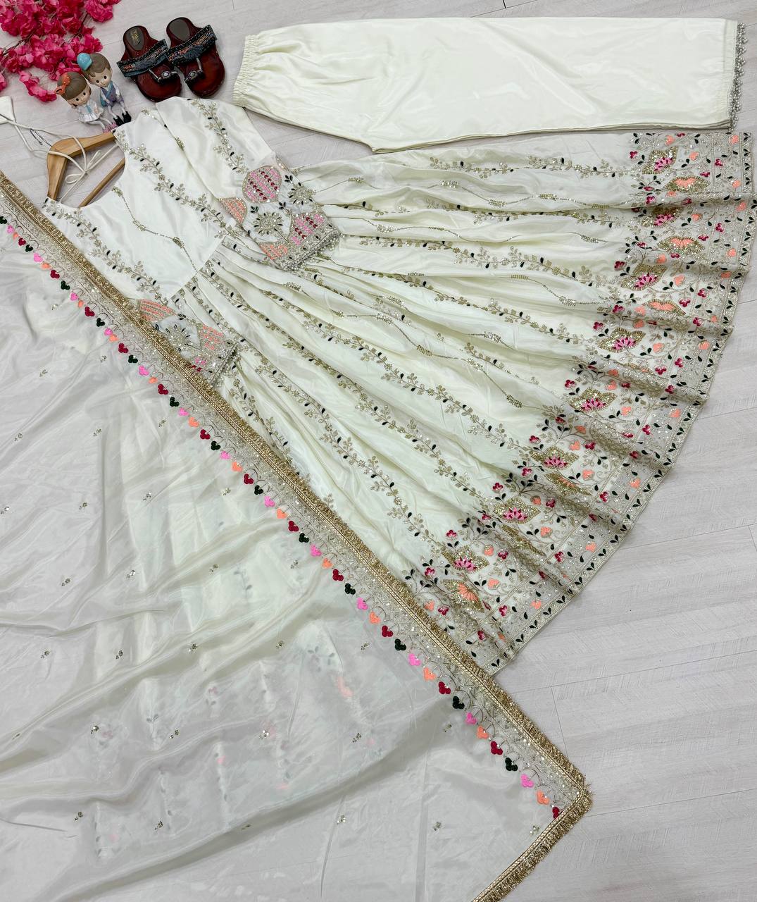 Superhit White Color Pure Sheesha Silk Embroidered Work Anarkali Suit
