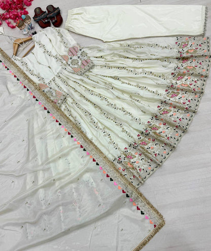 Superhit White Color Pure Sheesha Silk Embroidered Work Anarkali Suit