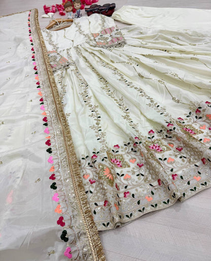 Superhit White Color Pure Sheesha Silk Embroidered Work Anarkali Suit