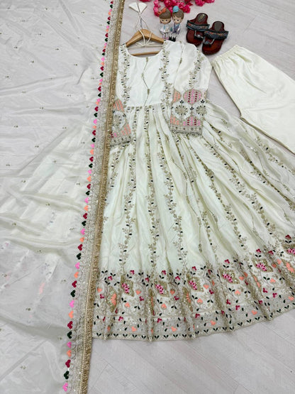 Superhit White Color Pure Sheesha Silk Embroidered Work Anarkali Suit
