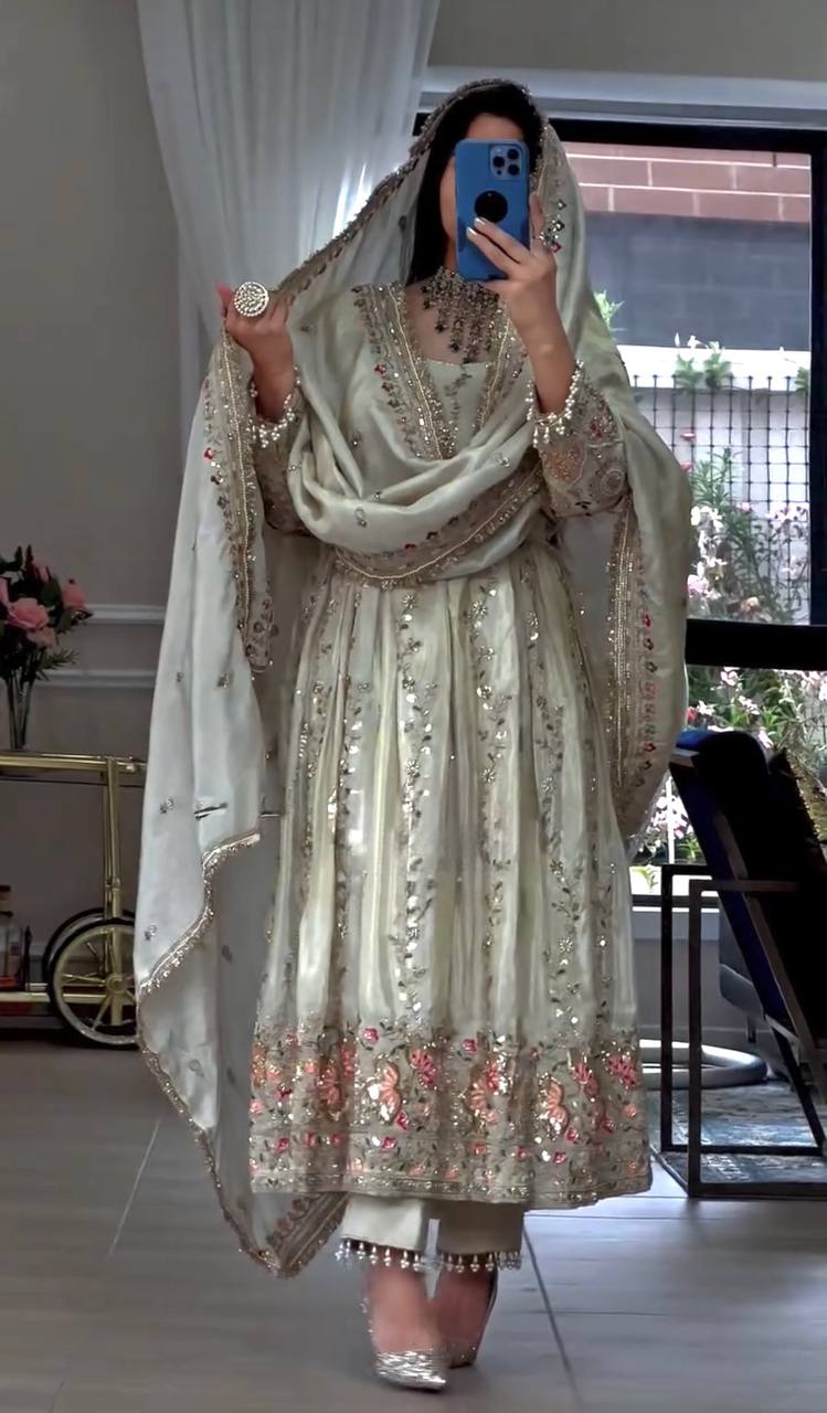Superhit White Color Pure Sheesha Silk Embroidered Work Anarkali Suit