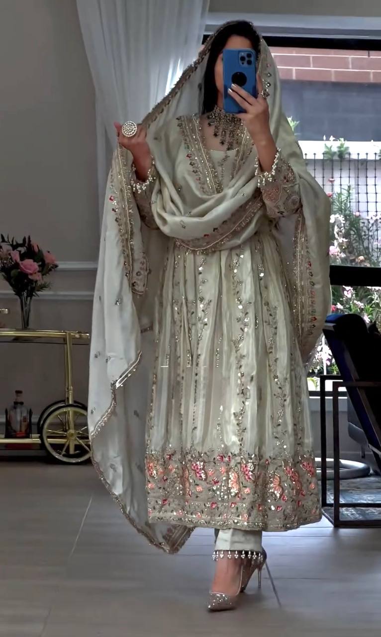 Superhit White Color Pure Sheesha Silk Embroidered Work Anarkali Suit
