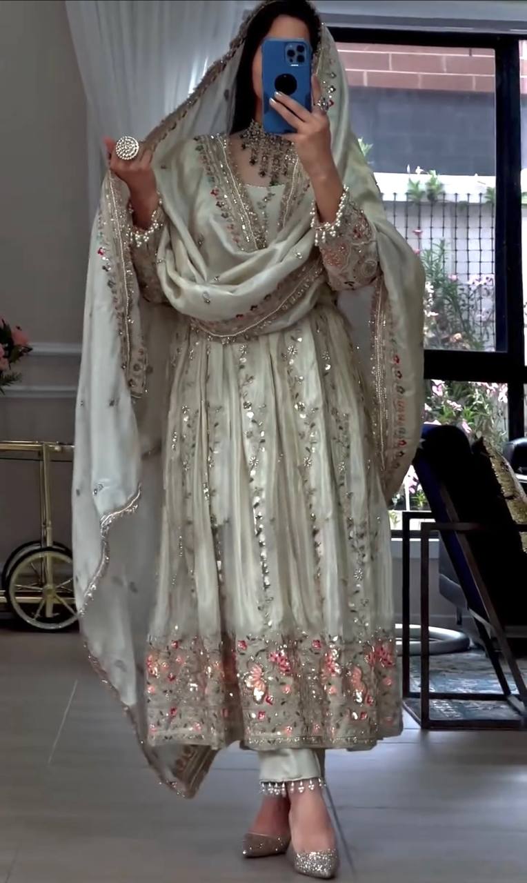 Superhit White Color Pure Sheesha Silk Embroidered Work Anarkali Suit