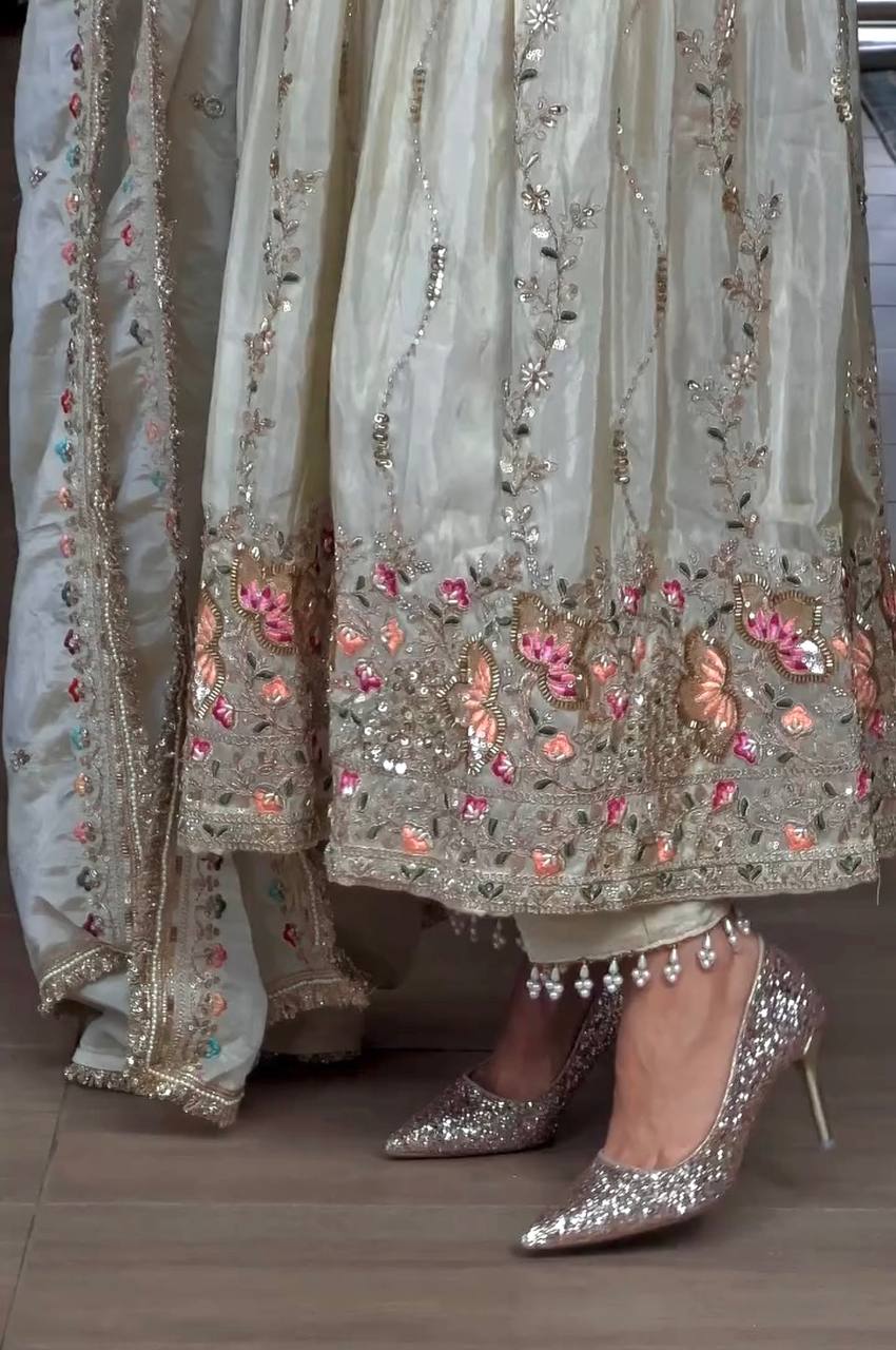 Superhit White Color Pure Sheesha Silk Embroidered Work Anarkali Suit