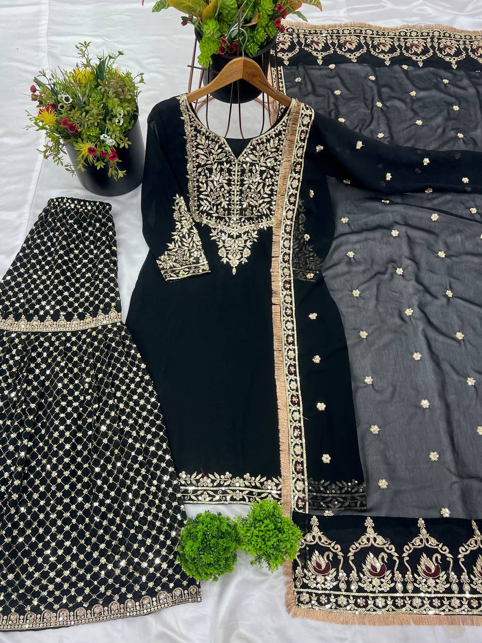 Celebrity Style Black Color Heavy Faux Georgette With Embroidery Sequence Work Sharara Suit