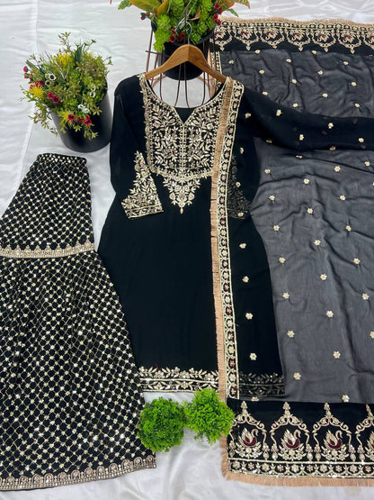 Celebrity Style Black Color Heavy Faux Georgette With Embroidery Sequence Work Sharara Suit