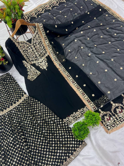Celebrity Style Black Color Heavy Faux Georgette With Embroidery Sequence Work Sharara Suit
