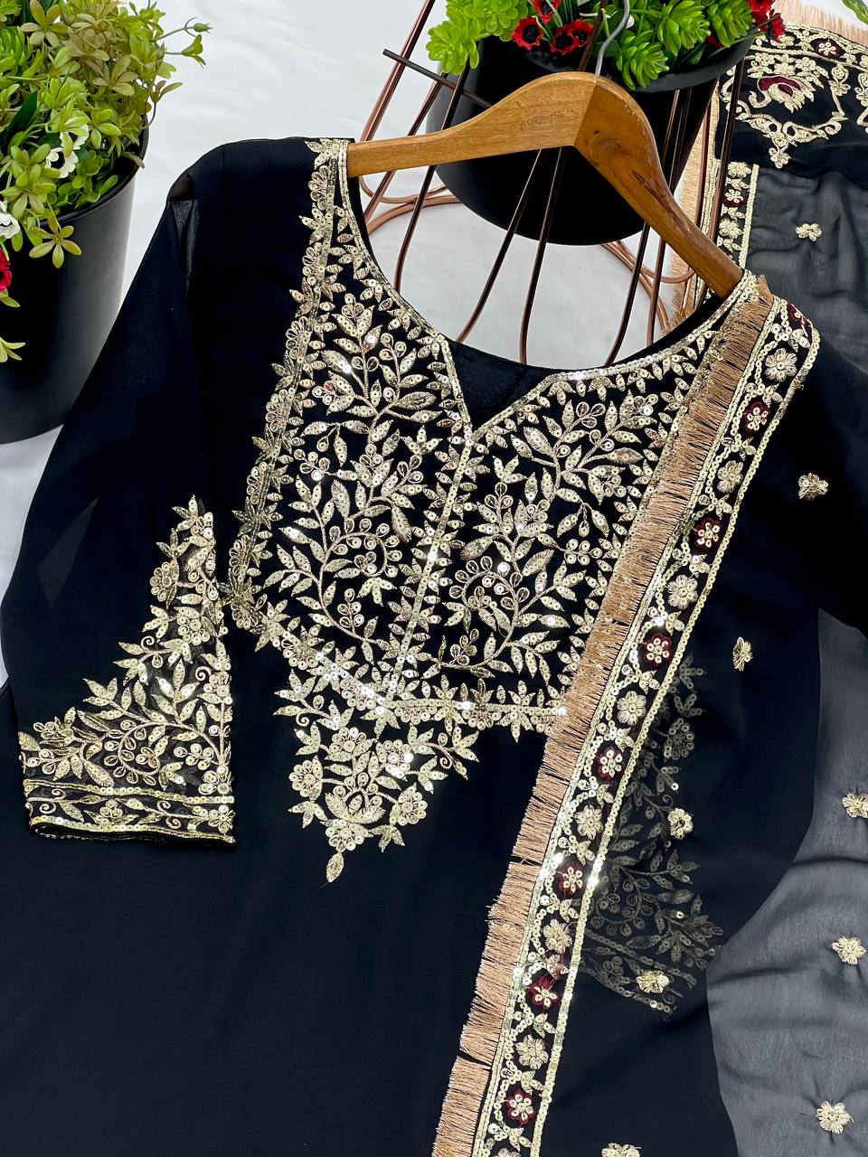 Celebrity Style Black Color Heavy Faux Georgette With Embroidery Sequence Work Sharara Suit