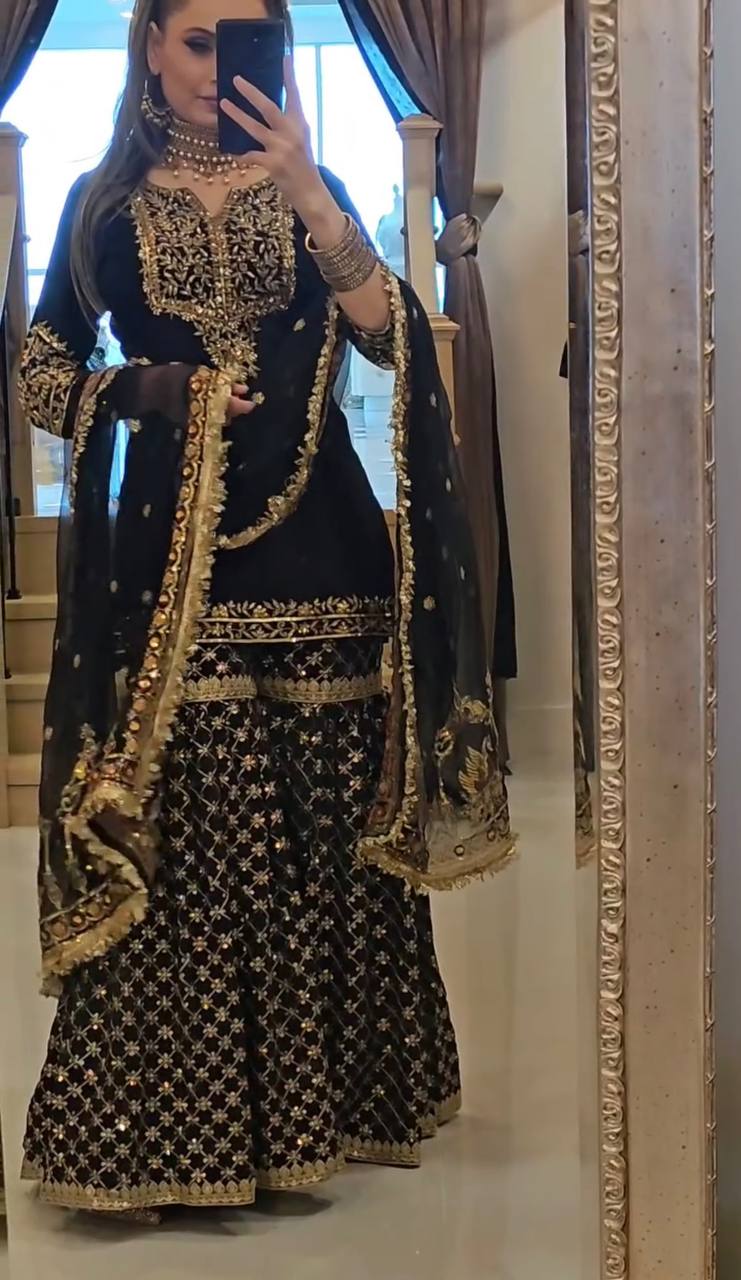 Celebrity Style Black Color Heavy Faux Georgette With Embroidery Sequence Work Sharara Suit