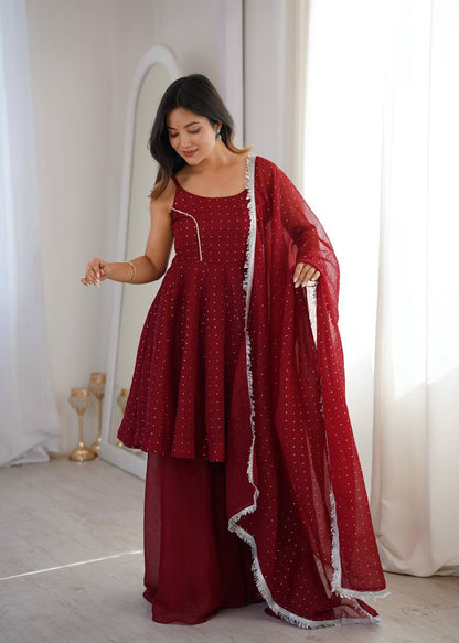 Embellished Maroon Color Crunchy Silk Embroidered Work Palazzo Suit