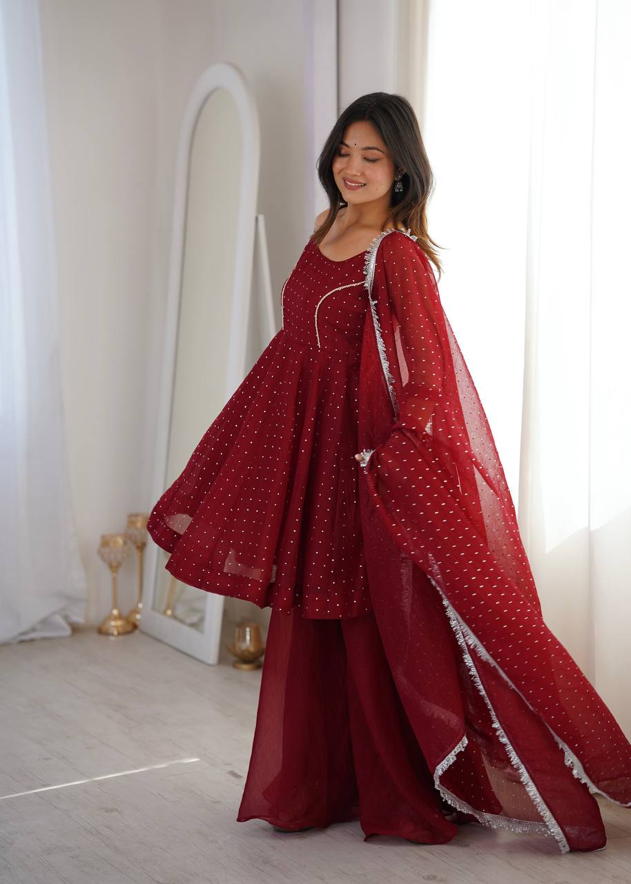 Embellished Maroon Color Crunchy Silk Embroidered Work Palazzo Suit