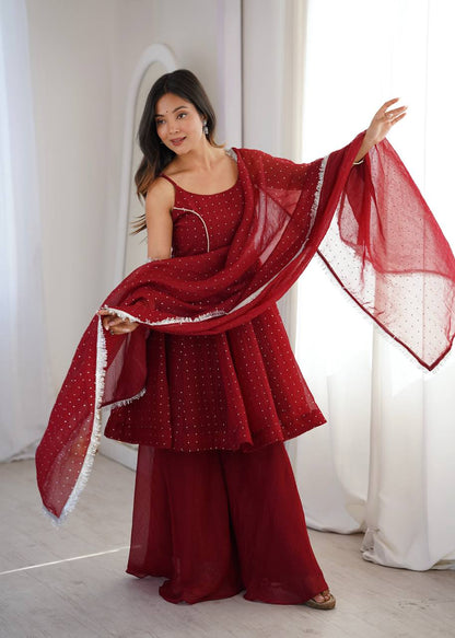 Embellished Maroon Color Crunchy Silk Embroidered Work Palazzo Suit