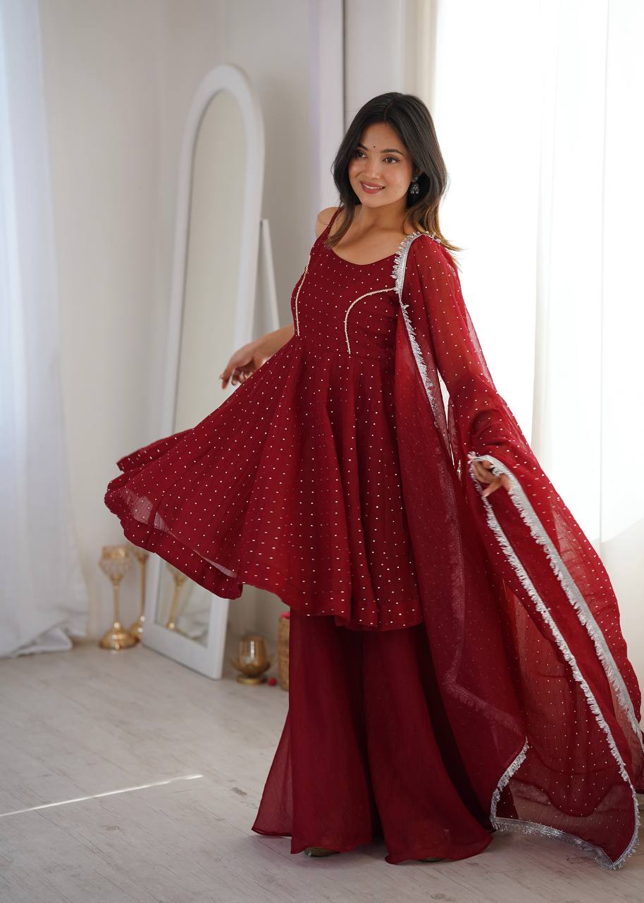 Embellished Maroon Color Crunchy Silk Embroidered Work Palazzo Suit