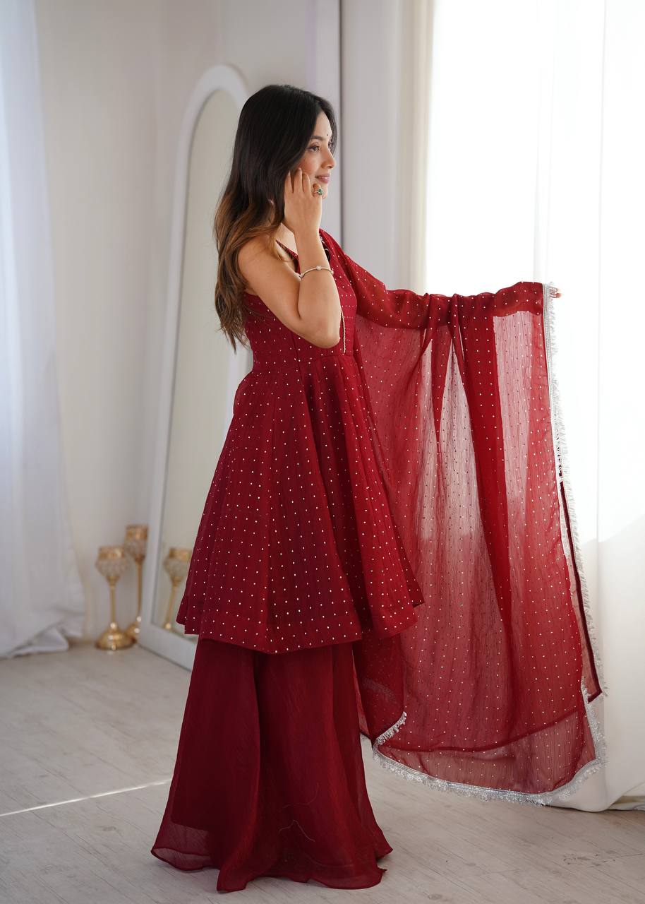 Embellished Maroon Color Crunchy Silk Embroidered Work Palazzo Suit