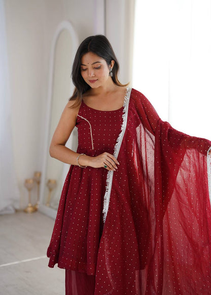 Embellished Maroon Color Crunchy Silk Embroidered Work Palazzo Suit