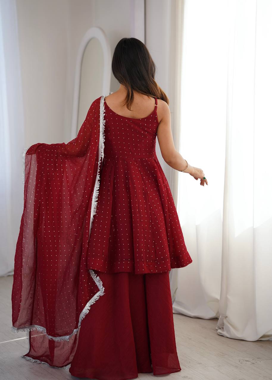 Embellished Maroon Color Crunchy Silk Embroidered Work Palazzo Suit