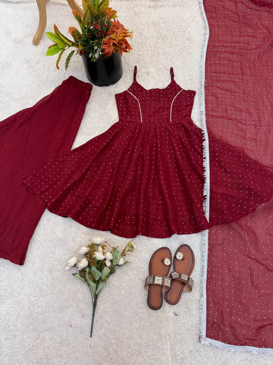 Embellished Maroon Color Crunchy Silk Embroidered Work Palazzo Suit