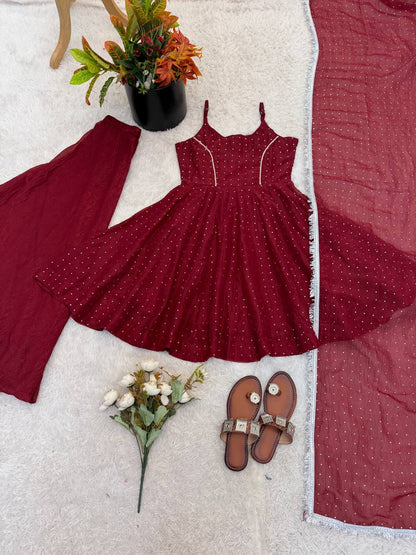 Embellished Maroon Color Crunchy Silk Embroidered Work Palazzo Suit