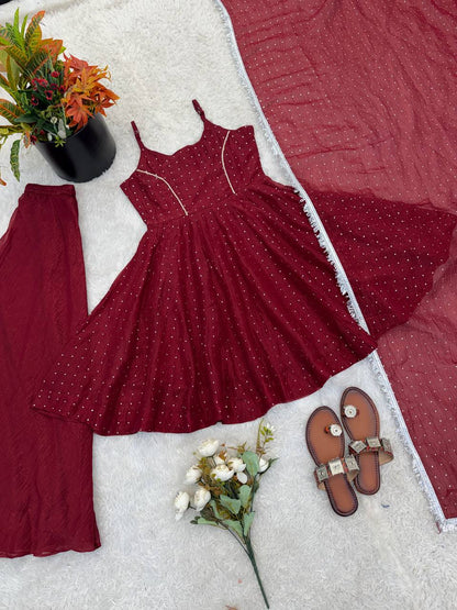 Embellished Maroon Color Crunchy Silk Embroidered Work Palazzo Suit