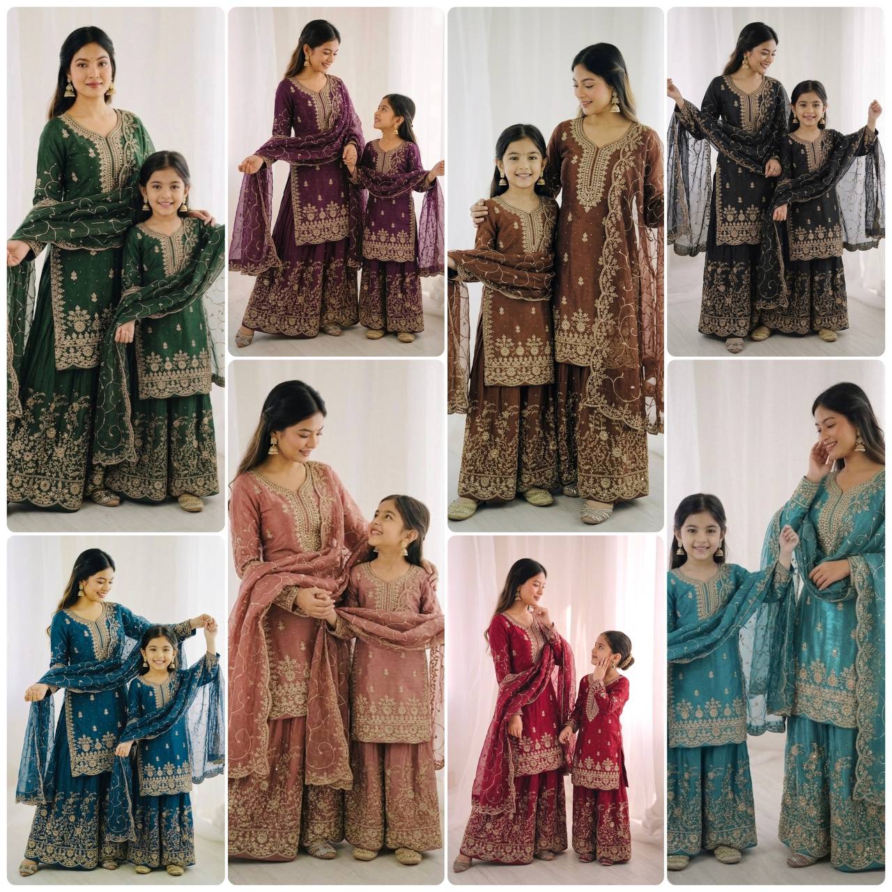 Wedding Wear Silk Embroidery Sequence Work Mother Daughter Matching Palazzo Suit