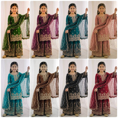 Wedding Wear Silk Embroidery Sequence Work Kids Palazzo Suit