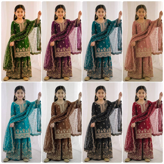 Wedding Wear Silk Embroidery Sequence Work Kids Palazzo Suit
