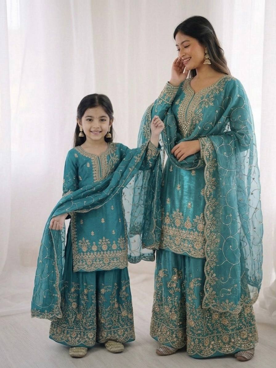 Wedding Wear Silk Embroidery Sequence Work Mother Daughter Matching Palazzo Suit