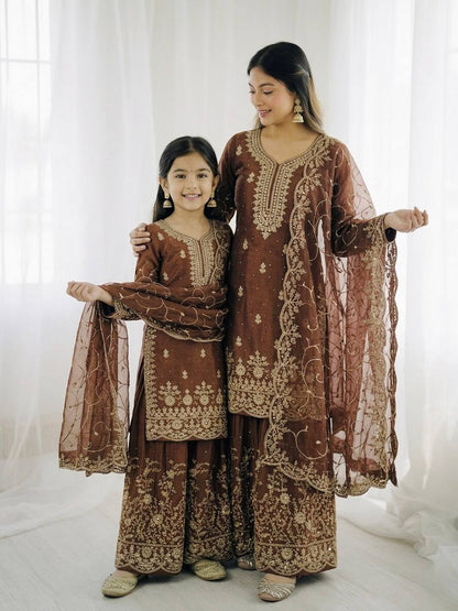 Wedding Wear Silk Embroidery Sequence Work Mother Daughter Matching Palazzo Suit