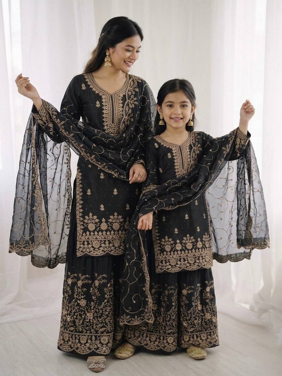 Wedding Wear Silk Embroidery Sequence Work Mother Daughter Matching Palazzo Suit