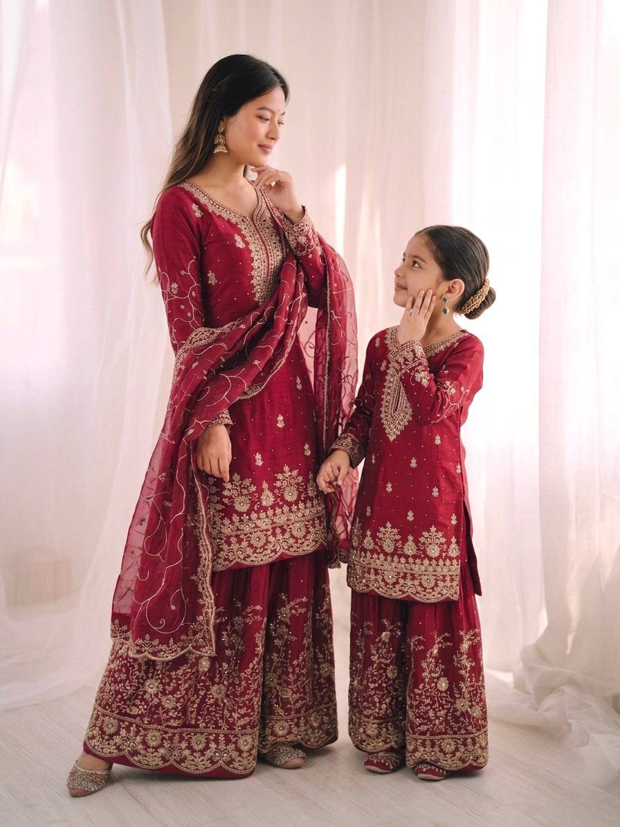 Wedding Wear Silk Embroidery Sequence Work Mother Daughter Matching Palazzo Suit