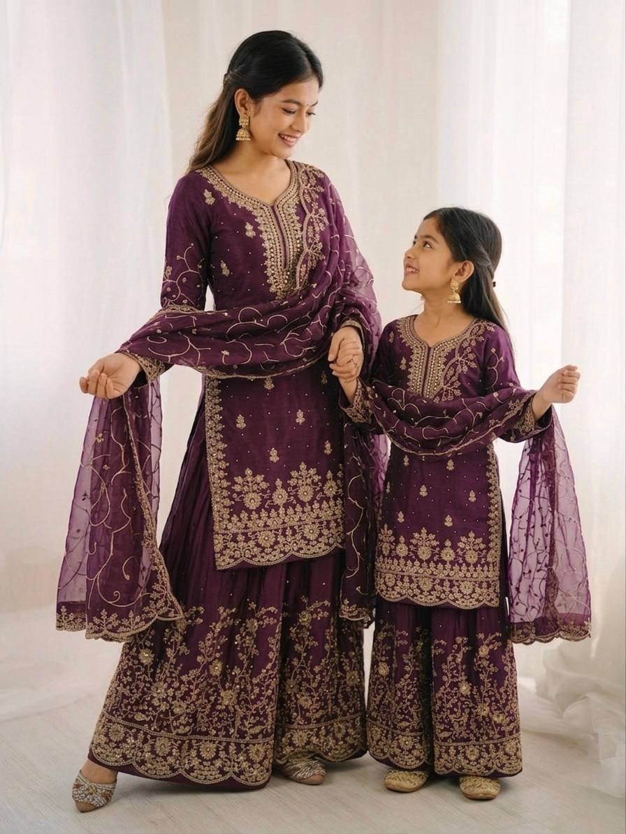 Wedding Wear Silk Embroidery Sequence Work Mother Daughter Matching Palazzo Suit