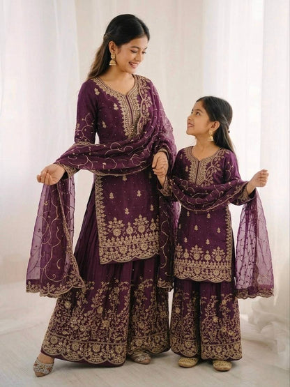 Wedding Wear Silk Embroidery Sequence Work Mother Daughter Matching Palazzo Suit