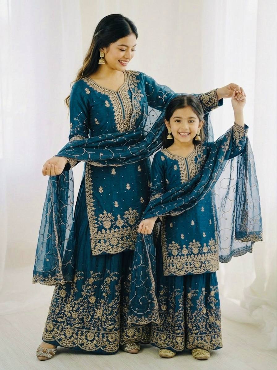 Wedding Wear Silk Embroidery Sequence Work Mother Daughter Matching Palazzo Suit