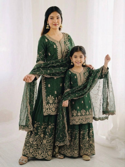 Wedding Wear Silk Embroidery Sequence Work Mother Daughter Matching Palazzo Suit